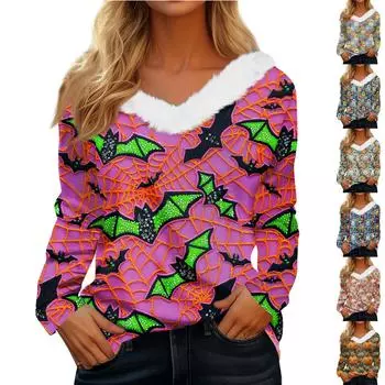 Женская мода с длинным рукавом и принтом на Хэллоуин с плюшевым вырезом и V-образным вырезом XXXL жёлтый