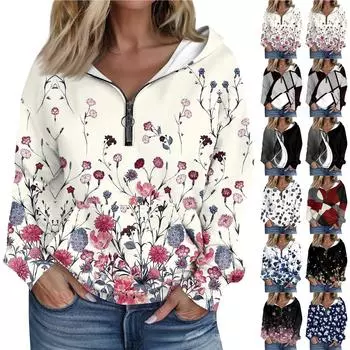 Женская мода с длинным рукавом и принтом, свободная толстовка с капюшоном на молнии и карманами S бежевый