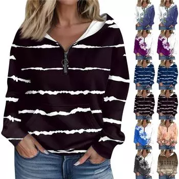 Женская мода с длинным рукавом и принтом, свободная толстовка с капюшоном на молнии и карманами M чёрный