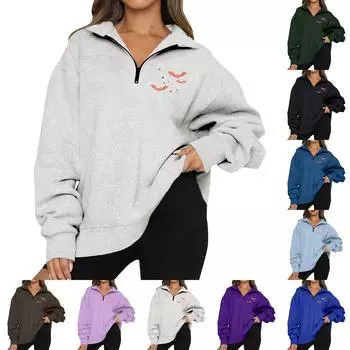 Женская мода с длинным рукавом и принтом Хэллоуина на молнии свитшот-топ L чёрный