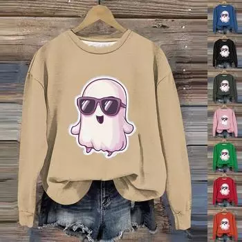 Женская мода с длинным рукавом и принтом на Хэллоуин с круглым вырезом M