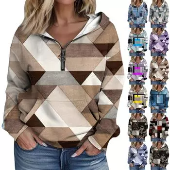 Женская мода с длинным рукавом и принтом, свободная толстовка с капюшоном на молнии и карманами L