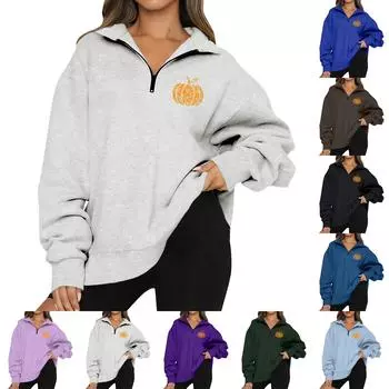 Женская мода с длинным рукавом и принтом Хэллоуина на молнии свитшот-топ L чёрный