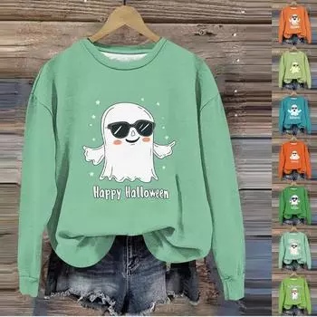 Женская мода с длинным рукавом и принтом на Хэллоуин с круглым вырезом M