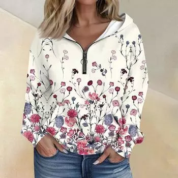 Женская мода с длинным рукавом и принтом, свободная толстовка с капюшоном на молнии и карманами XL бежевый