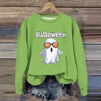Женская мода с длинным рукавом и принтом на Хэллоуин с круглым вырезом XXL зелёный