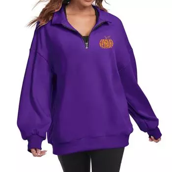 Женская мода с длинным рукавом и принтом Хэллоуина на молнии свитшот-топ M фиолетовый