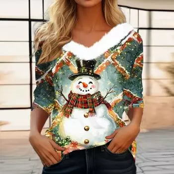 Женская мода с длинным рукавом и рождественским принтом, праздничный воротник, V-образный вырез M