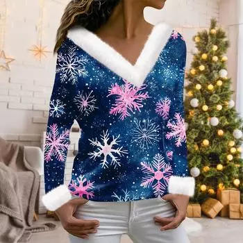 Женская мода с длинным рукавом и рождественским принтом для вечеринок, плюшевый повседневный топ с V-образным вырезом M