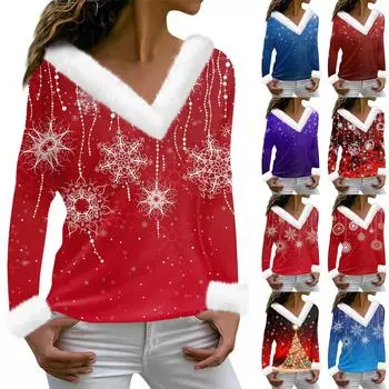 Женская мода с длинным рукавом и рождественским принтом для вечеринки, плюшевый топ с v-образным вырезом XXL синий