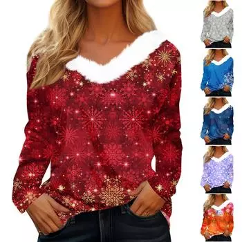 Женская мода с длинным рукавом и рождественским принтом для вечеринки, плюшевый топ с v-образным вырезом XXXL тёмно-синий