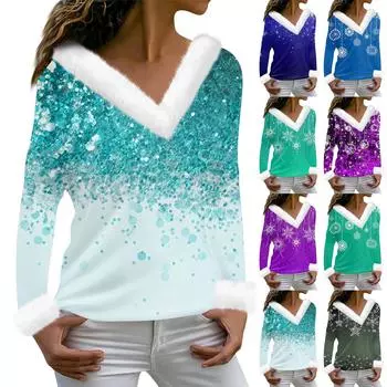 Женская мода с длинным рукавом и рождественским принтом для вечеринки, плюшевый топ с v-образным вырезом XL