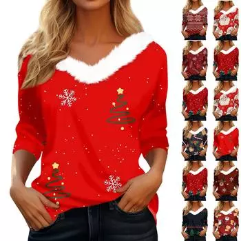 Женская мода с длинным рукавом и рождественским принтом, праздничный воротник, V-образный вырез XXXL киноварь
