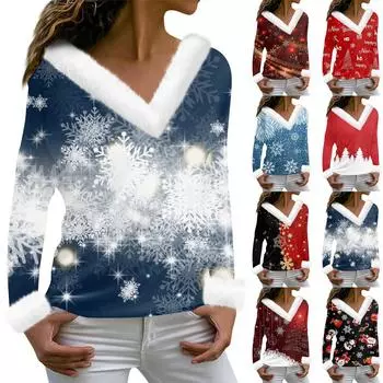 Женская мода с длинным рукавом и рождественским принтом для вечеринки, плюшевый топ с v-образным вырезом XXL киноварь