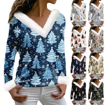 Женская мода с длинным рукавом и рождественским принтом для вечеринок, плюшевый повседневный топ с V-образным вырезом XL бежевый