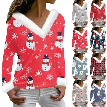 Женская мода с длинным рукавом и рождественским принтом для вечеринки, плюшевый топ с v-образным вырезом XL винный