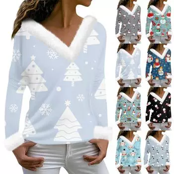 Женская мода с длинным рукавом и рождественским принтом для вечеринки, плюшевый топ с v-образным вырезом XL