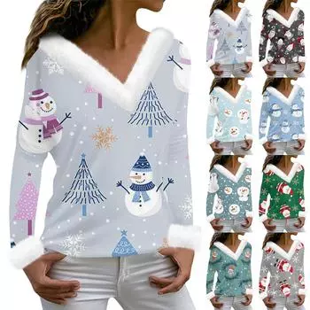 Женская мода с длинным рукавом и рождественским принтом для вечеринки, плюшевый топ с v-образным вырезом M