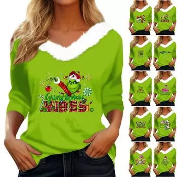 Женская мода с длинным рукавом и рождественским принтом для вечеринки, плюшевый топ с v-образным вырезом L чёрный