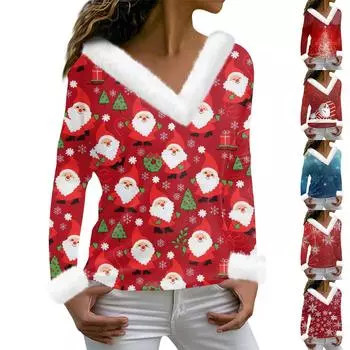 Женская мода с длинным рукавом и рождественским принтом для вечеринки, плюшевый топ с v-образным вырезом XXL киноварь