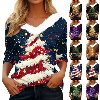 Женская мода с длинным рукавом и рождественским принтом, праздничный воротник, V-образный вырез XL