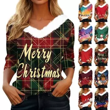 Женская мода с длинным рукавом и рождественским принтом, праздничный воротник, V-образный вырез XXXL