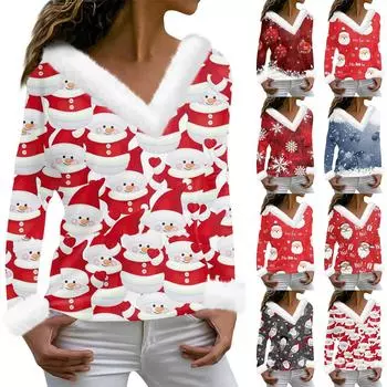 Женская мода с длинным рукавом и рождественским принтом для вечеринки, плюшевый топ с v-образным вырезом L