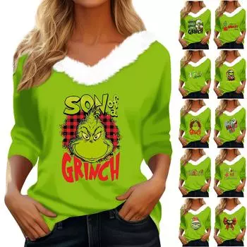 Женская мода с длинным рукавом и рождественским принтом для вечеринки, плюшевый топ с v-образным вырезом M