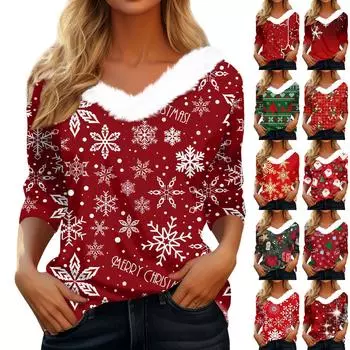 Женская мода с длинным рукавом и рождественским принтом, праздничный воротник, V-образный вырез L красный