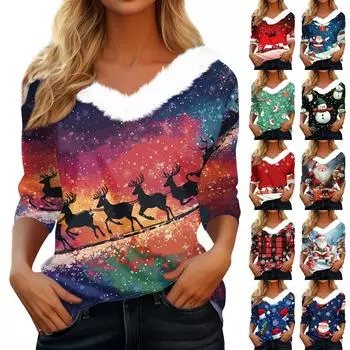 Женская мода с длинным рукавом и рождественским принтом, праздничный воротник, V-образный вырез L