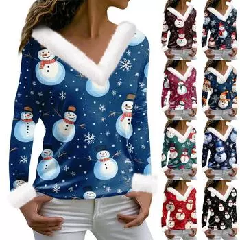 Женская мода с длинным рукавом и рождественским принтом для вечеринок, плюшевый повседневный топ с V-образным вырезом L