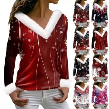 Женская мода с длинным рукавом и рождественским принтом для вечеринок, плюшевый повседневный топ с V-образным вырезом M