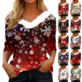 Женская мода с длинным рукавом и рождественским принтом, праздничный воротник, V-образный вырез M
