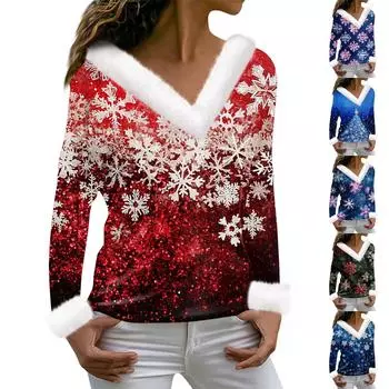 Женская мода с длинным рукавом и рождественским принтом для вечеринок, плюшевый повседневный топ с V-образным вырезом M синий