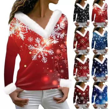 Женская мода с длинным рукавом и рождественским принтом для вечеринок, плюшевый повседневный топ с V-образным вырезом L