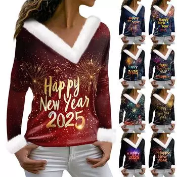 Женская мода с длинным рукавом и рождественским принтом для вечеринок, плюшевый повседневный топ с V-образным вырезом S чёрный