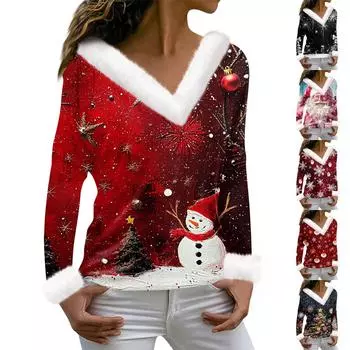 Женская мода с длинным рукавом и рождественским принтом для вечеринок, плюшевый повседневный топ с V-образным вырезом M