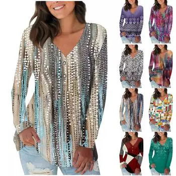 Женская мода с длинным рукавом и V-образным вырезом, на пуговицах, свободный повседневный мягкий удобный топ L