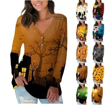 Женская мода с длинным рукавом и v-образным вырезом на пуговицах на Хэллоуин с принтом, свободный повседневный мягкий комфортный топ L оранжевый