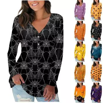 Женская мода с длинным рукавом и v-образным вырезом на пуговицах на Хэллоуин с принтом, свободный повседневный мягкий комфортный топ XXXL