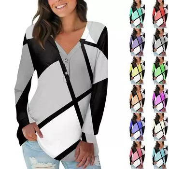 Женская мода с длинным рукавом и v-образным вырезом на пуговицах и принтом, свободный повседневный мягкий удобный топ XXL циан