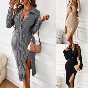 Женская мода с длинным рукавом и v-образным вырезом, однотонное повседневное свободное платье с высокой талией M чёрный