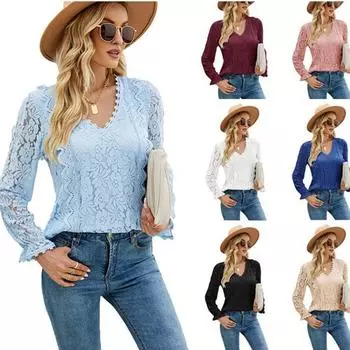 Женская мода с длинным рукавом и v-образным вырезом, однотонная кружевная футболка с вырезом, повседневные топы S зелёный