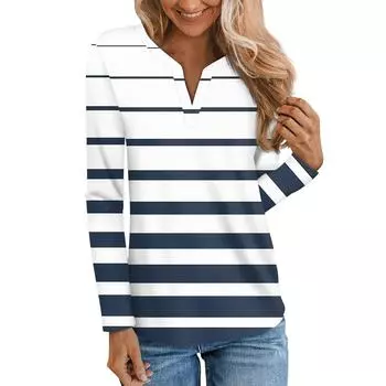 Женская мода с длинным рукавом и V-образным вырезом, свободный красивый принтованный повседневный топ XXXL тёмно-синий