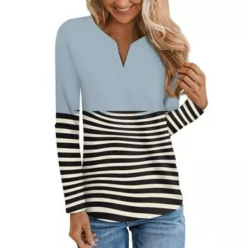 Женская мода с длинным рукавом и V-образным вырезом, свободный красивый принтованный повседневный топ S циан