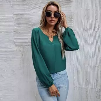 Женская мода с длинным рукавом и V-образным вырезом блузка весна-лето футболка топы свободные рубашки больших размеров S чёрный
