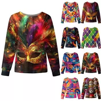 Женская мода с длинным рукавом и воротником-стойкой, однобортный, с принтом «Карнавал» L темно-фиолетового