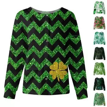 Женская мода с длинным рукавом и воротником-стойкой, однобортная, с принтом ко Дню Святого Патрика S