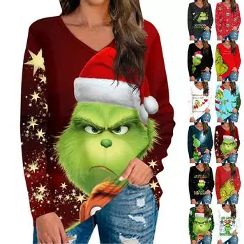 Женская мода с длинным рукавом из хлопка с v-образным вырезом и рождественским принтом, повседневная свободная туника M