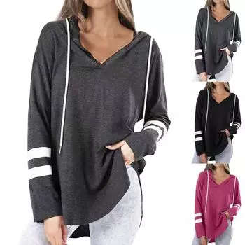 Женская мода с длинным рукавом, легкая однотонная толстовка с капюшоном и шнурком L чёрный